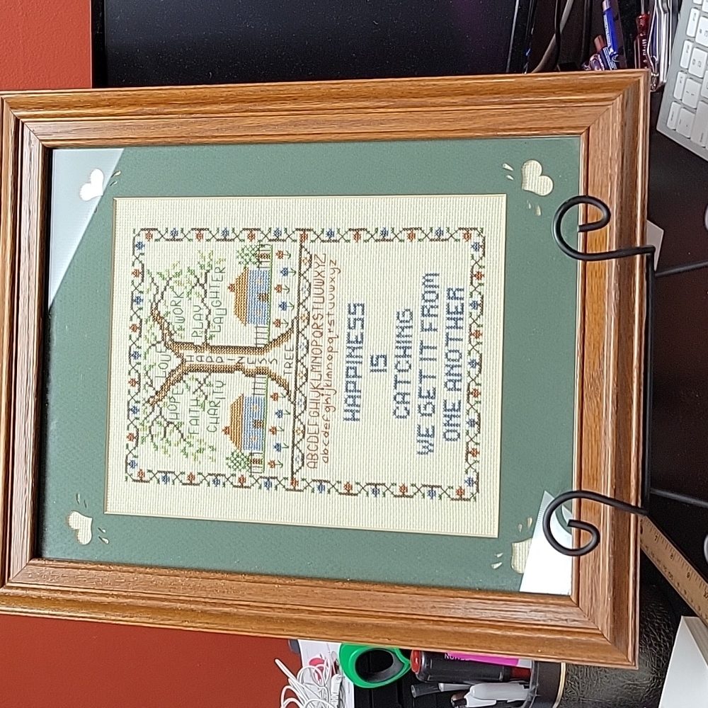 Signed, Completed Cross Stitch HAPPINESS TREE  Framed under glass 17x14